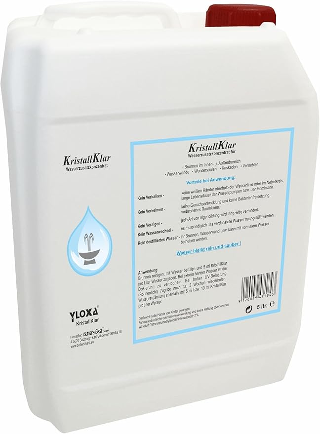 Yloxa KRISTALLKLAR von Butlers-Best – Das ideale Wasserzusatzkonzentrat für Brunnen, Wasserwände, Säulen, Kaskaden und Vernebler, drinnen und draußen. Praktisch im 5-Liter-Kanister.